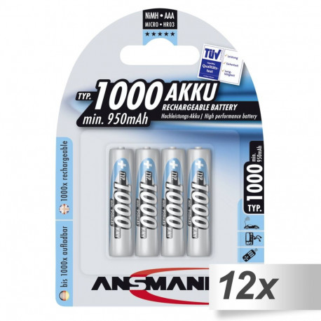 Ansmann akupatarei NiMH 1000 Micro AAA 950mAh 12x4tk