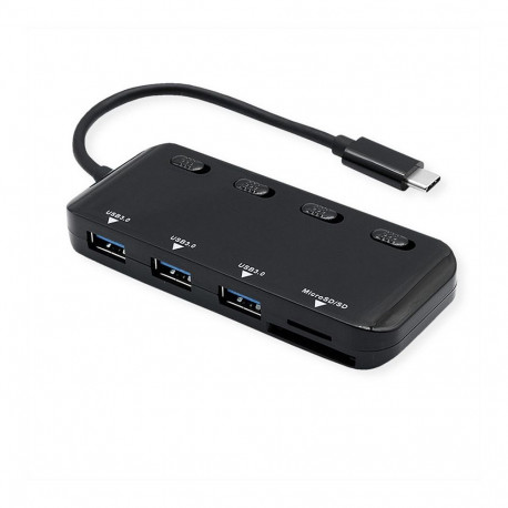 ROLINE USB 3.2 Gen 1 jaotur, 3-pordiline, C-tüüpi ühenduskaabel, kaardilugejaga, eraldi lülitatavad 
