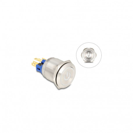 "Drucktaster zum Einbau 22 mm 6 x Lötanschluss LED weiß tastend Powersymbol + Ring"