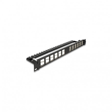 "19"" Keystone Patchpanel 24 Port gewinkelt mit Entlastungsschiene schwarz"
