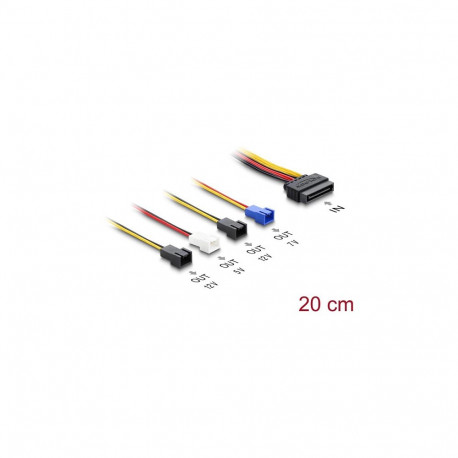 "Delock Stromversorgungskabel SATA 15 Pin Stecker zu 4 x 2 Pin Lüfter (12 V / 7 V / 5 V) 20 cm"