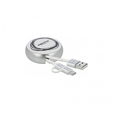 USB 2-in-1 sissetõmmatav kaabel tüüp-A kuni Micro-B ja USB-C™, valge/hõbedane