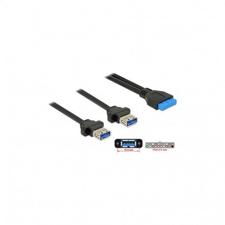 "DELOCK Kabel USB 3.0 Pfostenbuchse 2.00 mm 19 Pin > 2 x USB 3.0 Typ-A Buchse zum Einbau 80 cm"