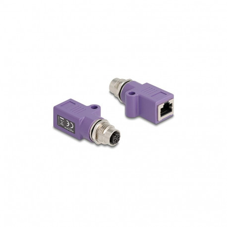 "Delock M12 Adapter D-kodiert 4 Pin Buchse zu RJ45 Buchse Cat.5e mit Befestigungsloch gerade violett