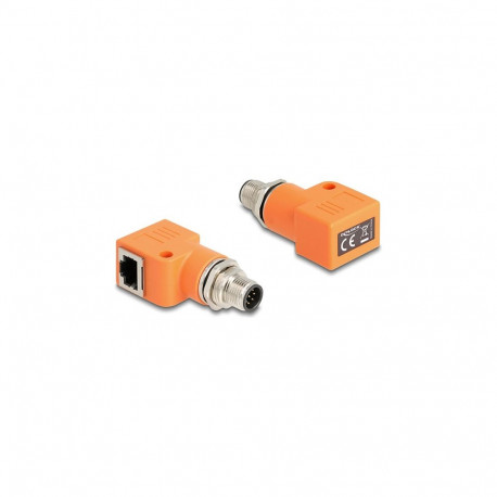 Delock M12 A-koodiga 8-pin pistik-RJ45 pesa adapter Cat.5e kinnitusauguga 90° nurga all oranž