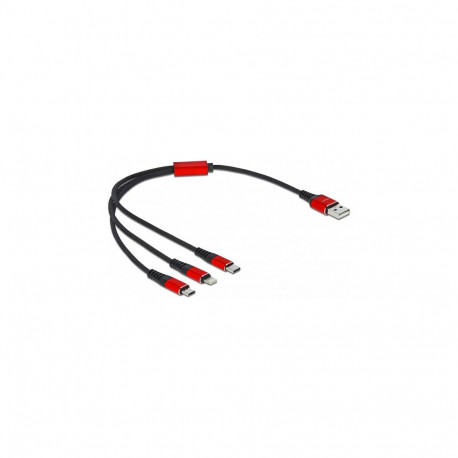 Delock 3-ühes USB laadimiskaabel Type-A - Lightning / 2 x USB Type-C 30 cm must / punane