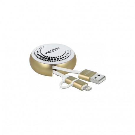 "Delock USB 2 in 1 Aufrollkabel Typ-A zu Micro-B und Lightning™ weiß / gold"
