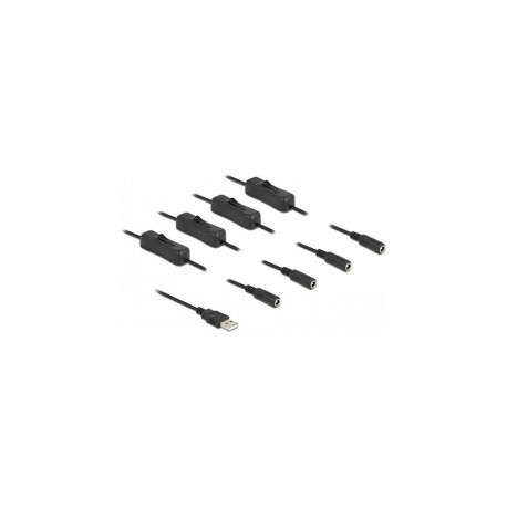 "Kabel USB Typ-A Stecker zu 4 x DC 5,5 x 2,1 mm Buchse mit Schalter 1 m"