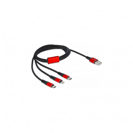 "Delock USB Ladekabel 3 in 1 Typ-A zu Lightning™ / 2 x USB Type-C™ 1 m schwarz / rot"