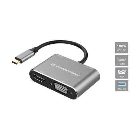 Conceptronic 4-1 dokkimisjaam USB-C->HDMI.USB3.0.VGA.100WPD 15cm hall