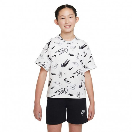 Child's Short Sleeve T-Shirt Nike Boxy Swooshfetti White - 12-13 Years