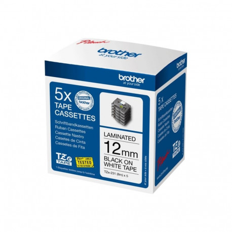 Brother TZE231M5 | Black on white | Laminated tape | 1.2 cm x 8 m