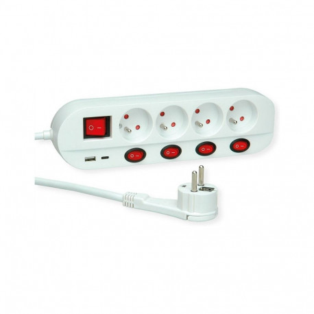 ROLINE 4 pesaga lülitiga pikendusjuhe, UTE-versioon, USB A+C laadija, 1,5 m