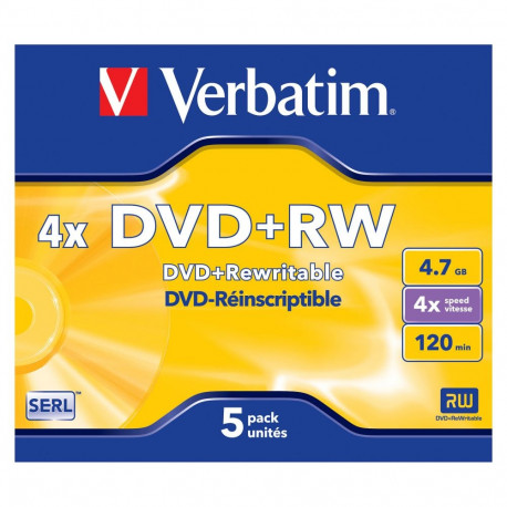 "1x5 Verbatim DVD+RW 4,7GB 4x Speed, matt silver Jewel Case"