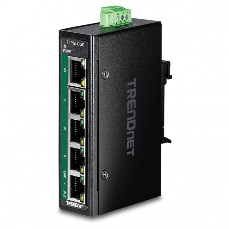"TRENDnet TI-PGLC50 5-Port Gigabit PoE+ Industrial DIN-Rail Mini Switch"