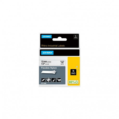 DYMO Rhino Industrial Flexible Nylon Labels | 12 mm x 3.5 m | Black Print on White | Self-Adhesive |