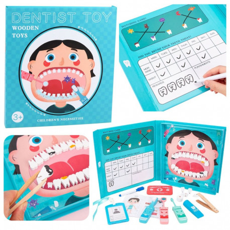Puidust väikese hambaarsti komplekt magnetraamatu, hammaste ja tööriistadega