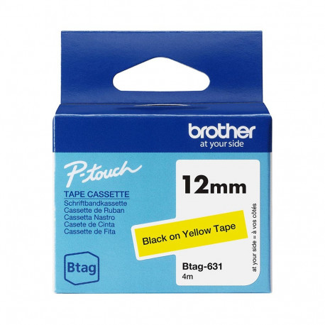 Brother Btag-631 etiketiteip (12mm, must kollasel, lamineerimata)