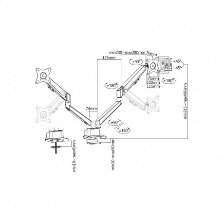"ROLINE LCD-Doppelarm, Tischmontage, Gasfeder, 5 Gelenke, 17-32 Zoll, bis 2x 9 kg, silberfarben"
