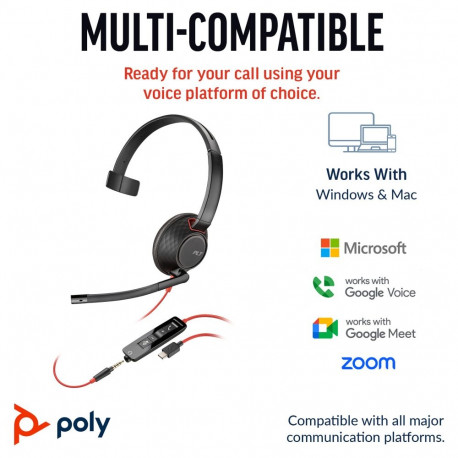 "HP Poly Blackwire 5210 Monaural USB-C Headset +3.5mm Plug +USB-C/A Adapter (207577-201)"