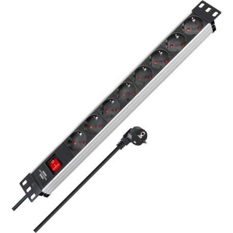 Alu-Line 19" Steckdosenleiste 8-fach, mit Schalter (schwarz/aluminium, 1HE, 2 Meter Kabel, für Netzw