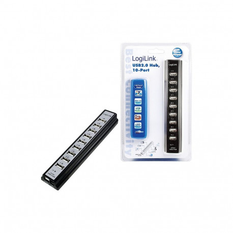 LogiLink USB2.0 jaotur 10-pordiline aktiivne toiteadapteriga, must