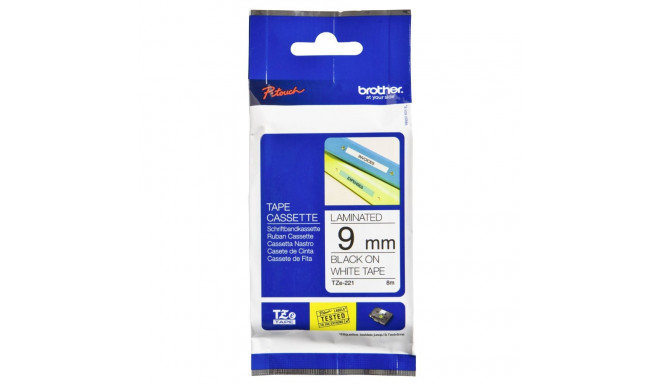 Brother märgistuslint TZE-221 valge/must 9 mm