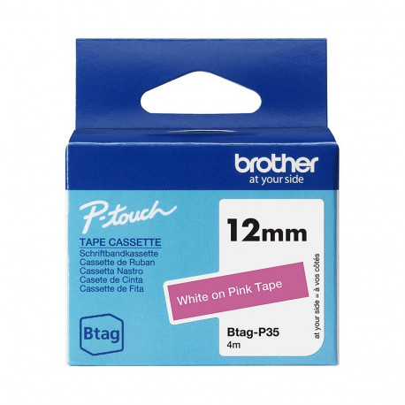 Brother 12mmx4m valge/roosa etiketiteip BTAG-P35