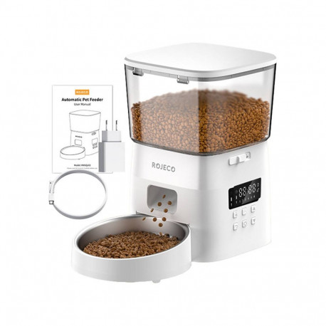 Pet Feeder - Rojeco 2L Automatic Pet Feeder Button Version, 6x Feeding, White