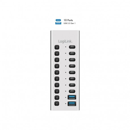 USB-jaotur 10-pordiline USB3.2 Gen1 USB-A/C toitelülitiga
