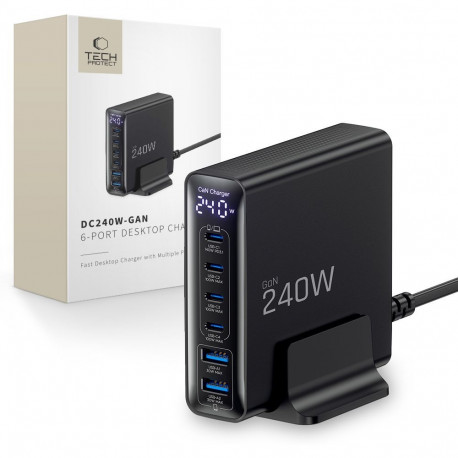 TECH-PROTECT DC240W-GAN 6-PORT DESKTOP CHARGER PD 240W / QC3.0 BLACK