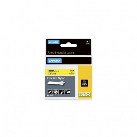 DYMO Rhino Industrial Flexible Nylon Labels | 12 mm x 3.5 m | Black Print on Yellow | Self-Adhesive 
