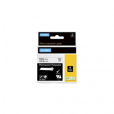 DYMO Rhino Industrial Permanent Polyester Labels | 6 mm x 5.5 m | Black Print on White | Self-Adhesi