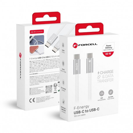 Cable USB C to USB C Forcell F-Energy QC4.0 PD 3A 60W Cafule Flat 1,2 m CCFN23 white