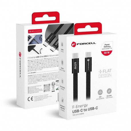 Cable USB C to USB C Forcell F-Energy QC4.0 PD 3A 60W Cafule Flat 1,2 m CCFN23 black