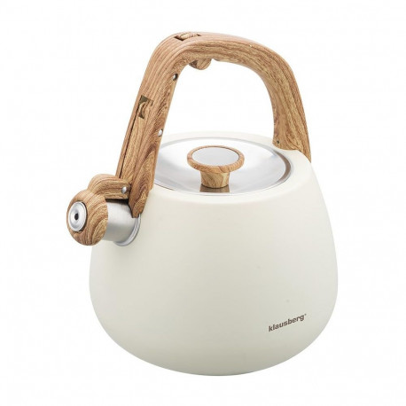 Czajnik ze stali nierdzewnej z gwizdkiem, beżowy z drewnianym uchwytem, pojemność 2,5l, klausberg, k