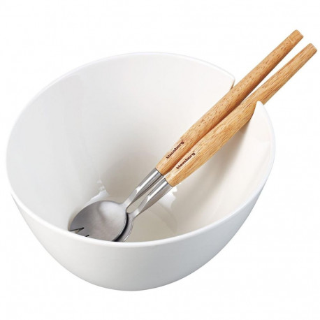 Misa ceramiczna do sałat, biała, z zestawem stalowych łyżek z drewnianymi uchwytami, klausberg, kb-7