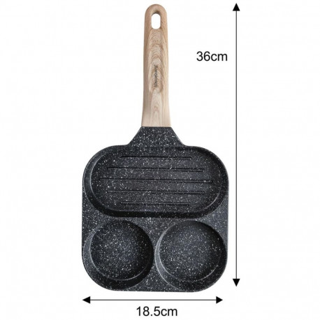 Patelnia z powłoką nieprzywieralną, 3 sekcje, czarna z drewnianą rączką, 36x18,5x2,5cm, klausberg, k