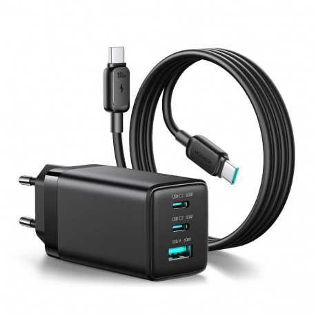 Joyroom JR-TG10 65W GaN 2x USB-C + USB-A wall charger with 100W USB-C - USB-C 1.2m cable - black