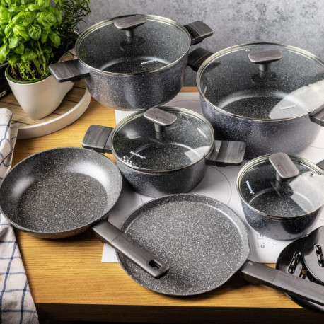 Garnki w zestawie, 12 elementów, z powłoką nieprzywieralną, szare z drewnianymi uchwytami, klausberg