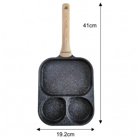 Patelnia prostokątna z powłoką nieprzywieralną, 3 sekcje, czarna z drewnopodobną rączką, 41x19,2x2,8