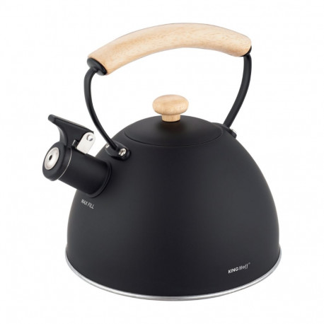 Czajnik z gwizdkiem, 2 l, czarny, drewniany uchwyt, stal nierdzewna