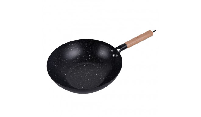 Patelnia wok 30 cm, stal węglowa, powłoka marmurkowa nieprzywierająca, drewniany uchwyt, kinghoff, k