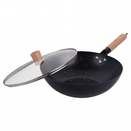 Wok z pokrywką 30 cm, stal węglowa, marmurkowa powłoka nieprzywierająca, drewniany uchwyt, kinghoff,