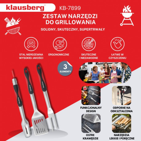Zestaw do grillowania, 3 elementy, stal nierdzewna, uchwyt z tworzywa, klausberg, kb-7899