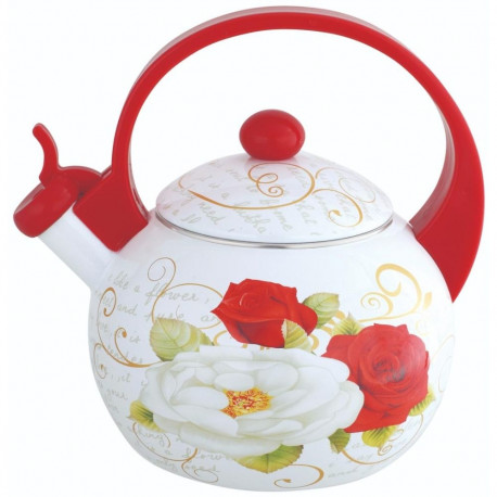 Czajnik z gwizdkiem, stal emaliowana, wzór - czerwone i białe róże, 2l, kinghoff, kh-1910