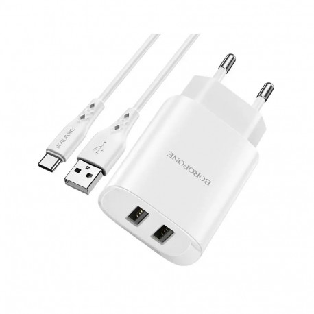 Borofone BN2 reisilaadija | 10.5W | USB-A, USB-C | komplektis USB-C kaabel | valge