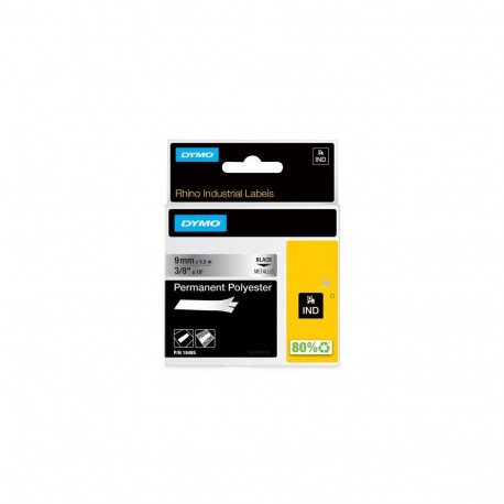 DYMO Rhino Industrial Permanent Polyester Labels | 9mm x 5.5m | Black Print on Metallic | Self-Adhes