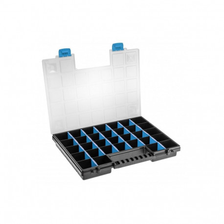 Hogert HT7G026 tool box, 399x303x50mm, 650g, with partitions, transparent lid, snap closures