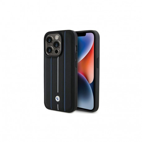 BMW BMW Leather Stamp Blue Line Case for iPhone 15 Pro Max - Black